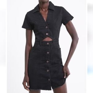 Zara Black Denim Button Down Peephole Cutout Mini Dress, Size XS